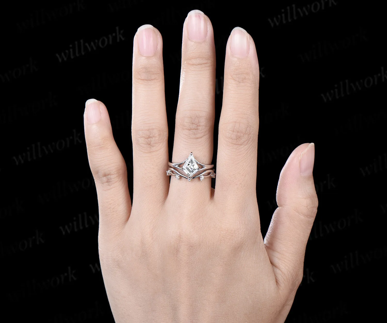 Kite cut moissanite promise ring set 14k white gold unique split shank engagement ring infinity wedding ring set women sold by Willwork Jewelry product image thumbnail 3