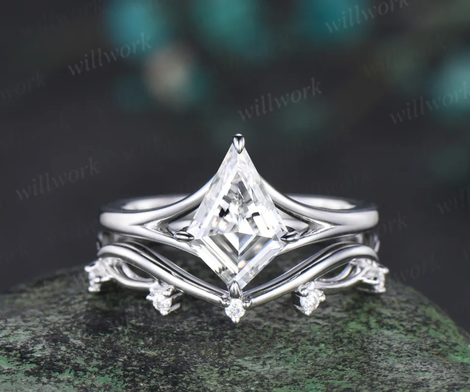 Kite cut moissanite promise ring set 14k white gold unique split shank engagement ring infinity wedding ring set women sold by Willwork Jewelry