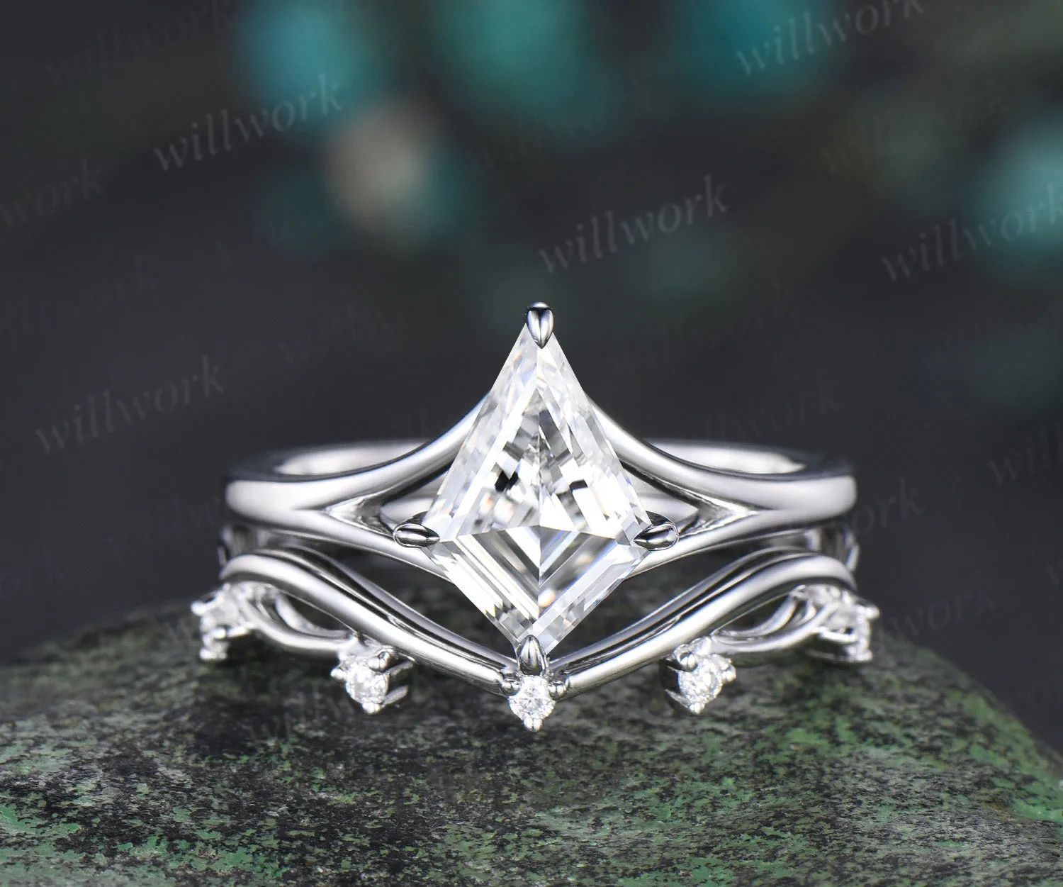 Kite cut moissanite promise ring set 14k white gold unique split shank engagement ring infinity wedding ring set women sold by Willwork Jewelry