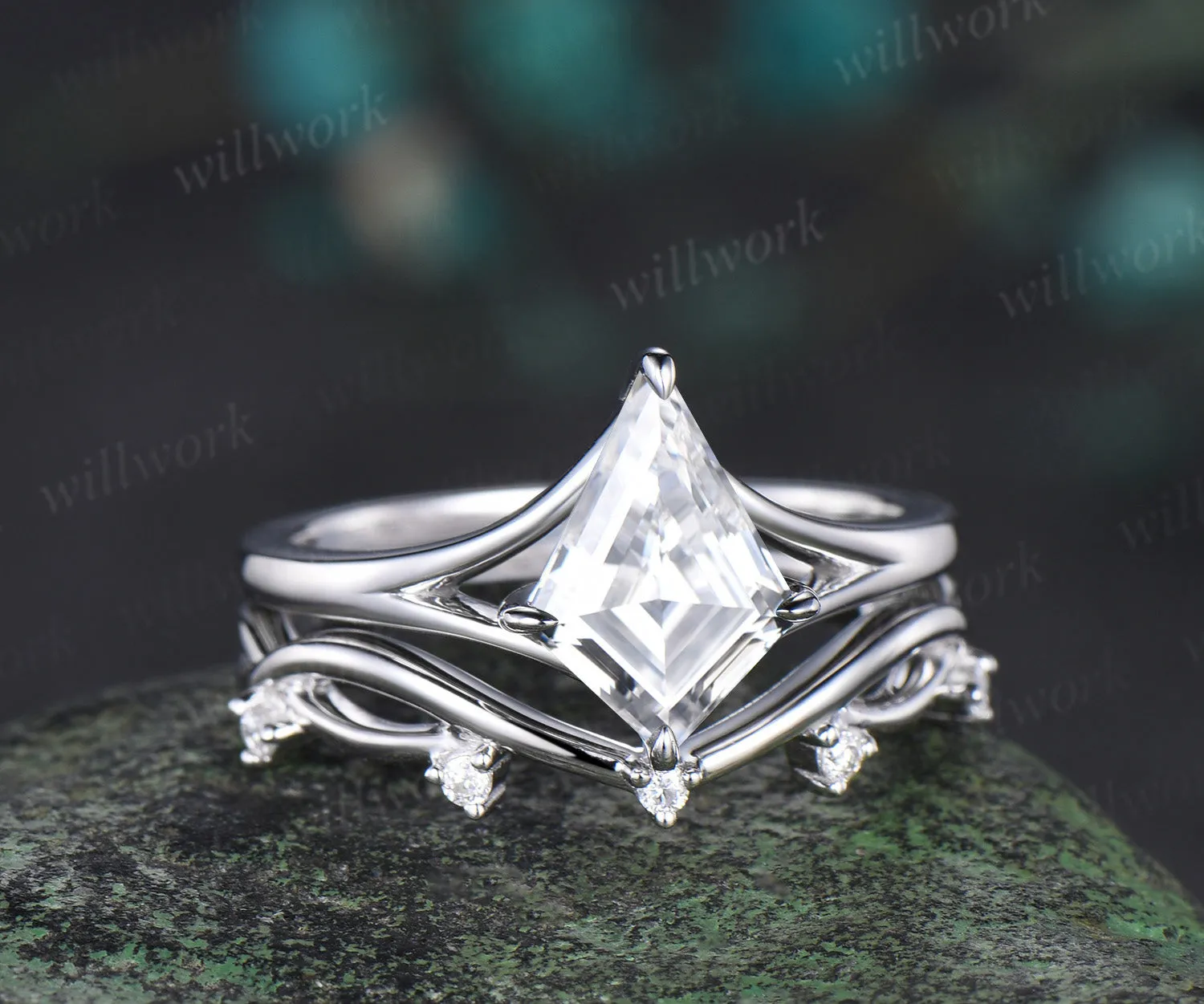 Kite cut moissanite promise ring set 14k white gold unique split shank engagement ring infinity wedding ring set women sold by Willwork Jewelry product image thumbnail 2