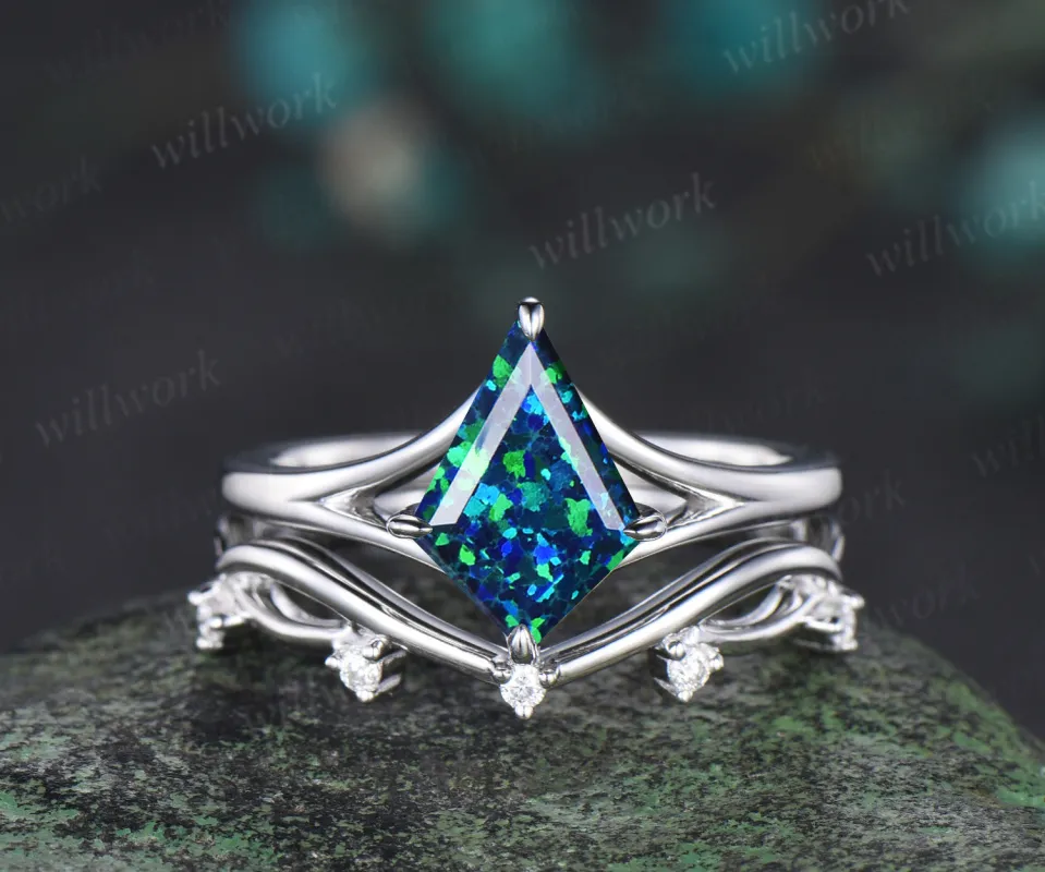 Kite cut black opal bridal ring set 14k white gold unique split shank engagement ring infinity wedding ring set women sold by Willwork Jewelry
