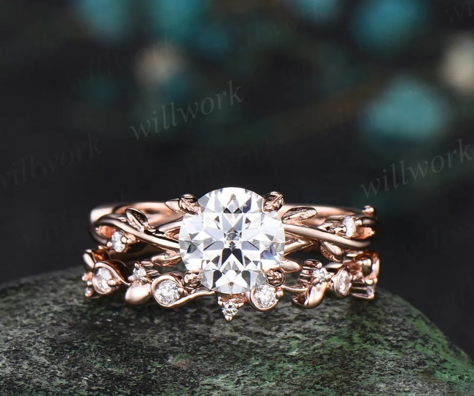 1ct round moissanite promise ring diamond half eternity vine branch leaf infinity engagement ring women rose goldgift sold by Willwork Jewelry