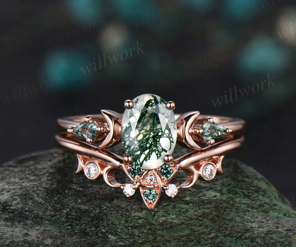 Oval cut moss agate promise ring Celtic knot moon three stone engagement ring set women kite wedding ring women sold by Willwork Jewelry