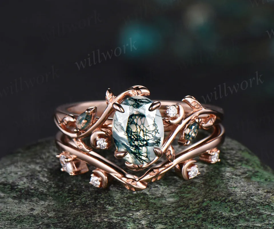 Oval cut moss agate ring vintage 14k rose gold diamond leaf branch moon engagement ring women stacking wedding ring set gift sold by Willwork Jewelry