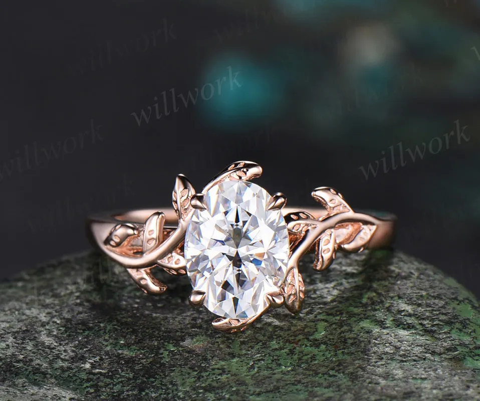 Unique vintage moissanite engagement ring leaf branch art deco dainty solitaire rose gold ring promise bridal weddring ring jewelry sold by Willwork Jewelry