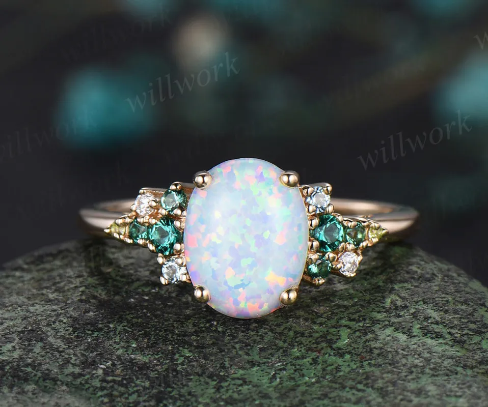 Vintage opal emerald engagement ring rose gold cluster snowdrift peridot topaz ring women gemstone ring unique bridal promise wedding ring sold by Willwork Jewelry