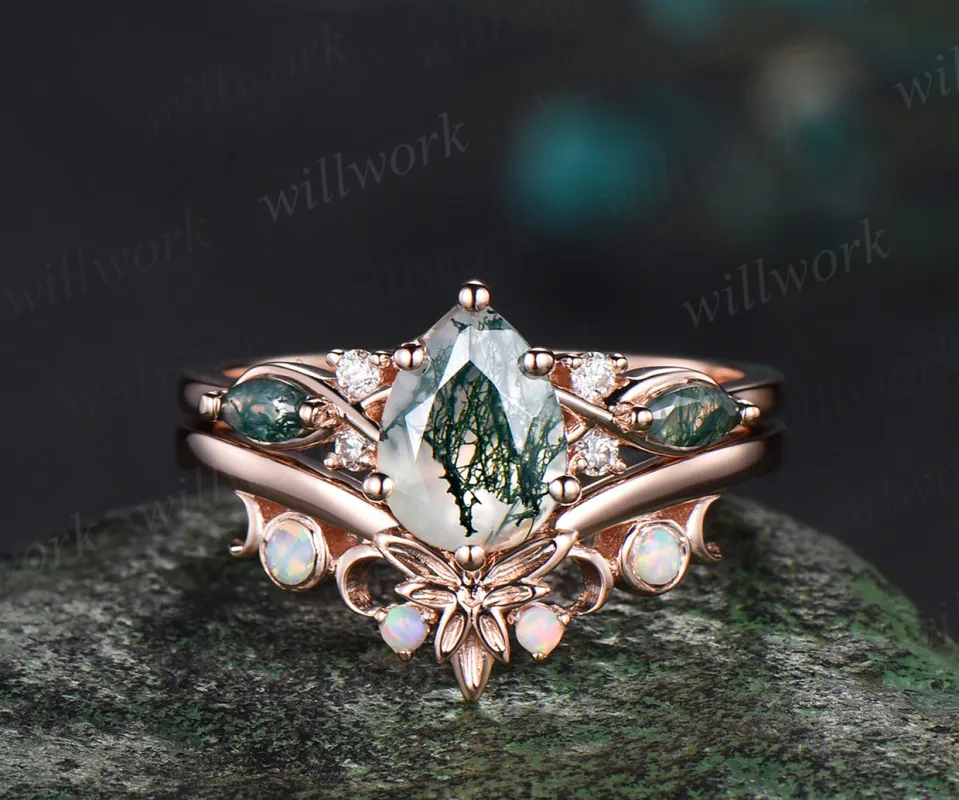 Pear moss agate engagement ring set bezel opal Celtic knot wedding ring band moon bridal set 14k rose gold sold by Willwork Jewelry