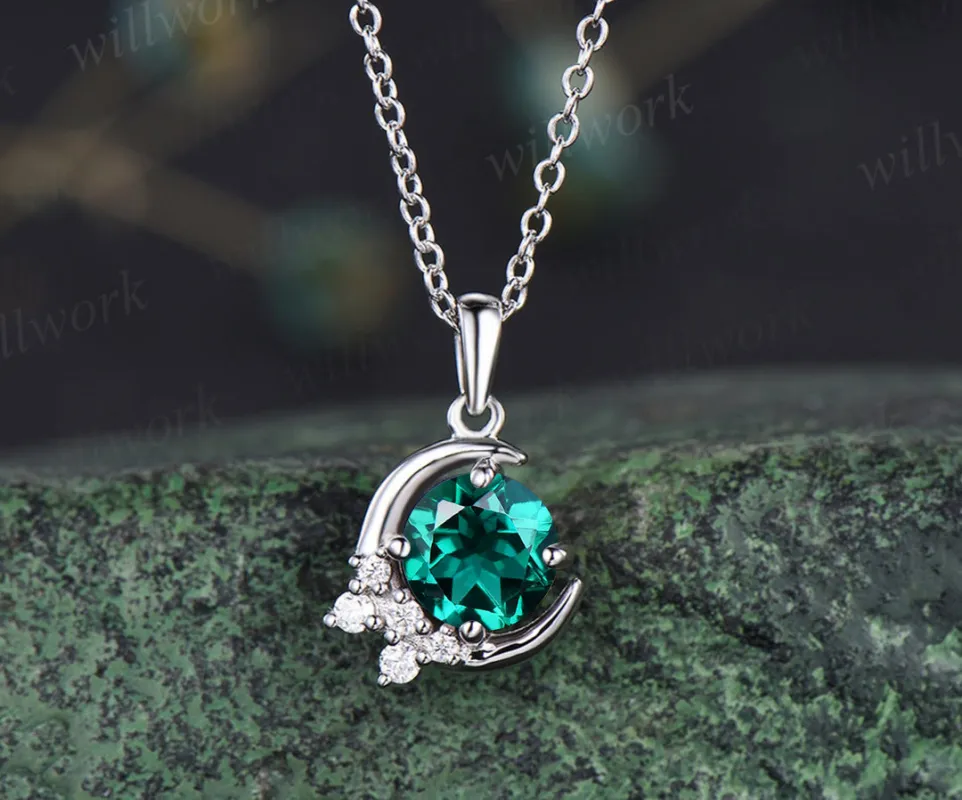 Vintage emerald pendant crescent moissanite cluster pendant necklace sterling silver white gold necklace for women birthday anniversary gifts made by Willwork Jewelry