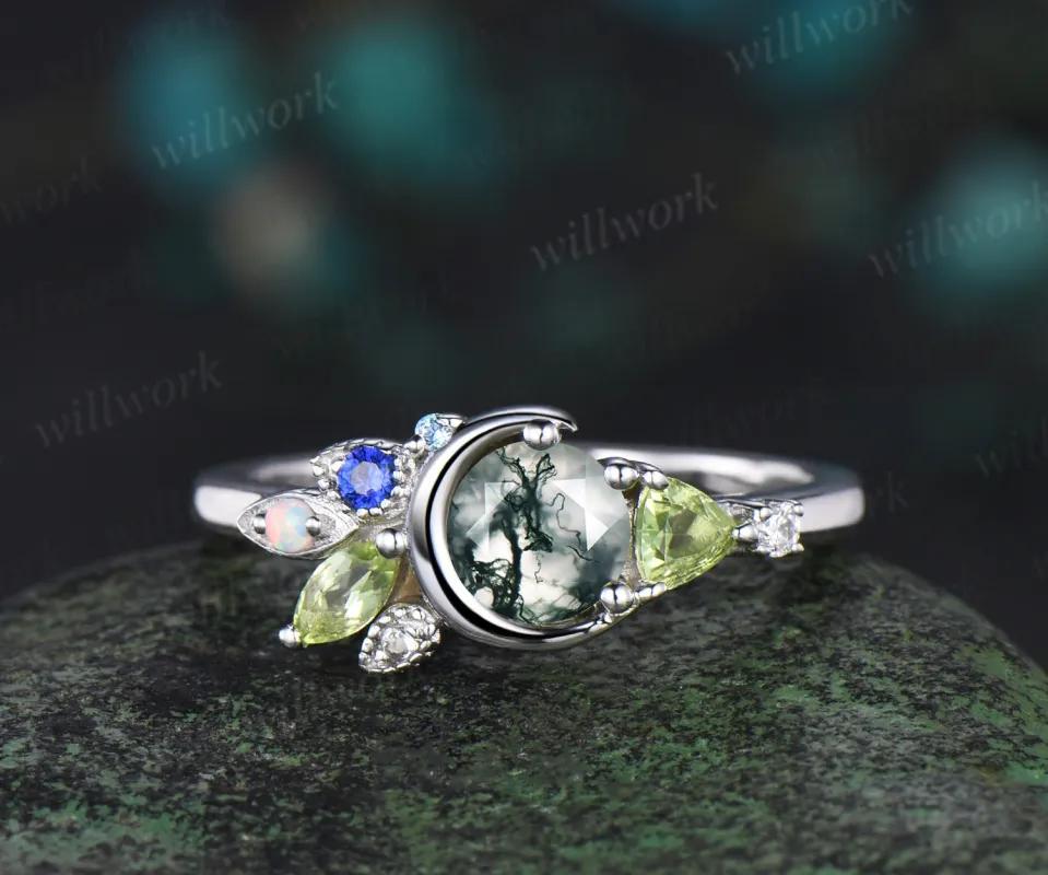Round cut moss agate ring white gold peridot sapphire Multi-Stone Ring cluster moon Engagement Ring women gift sold by Willwork Jewelry