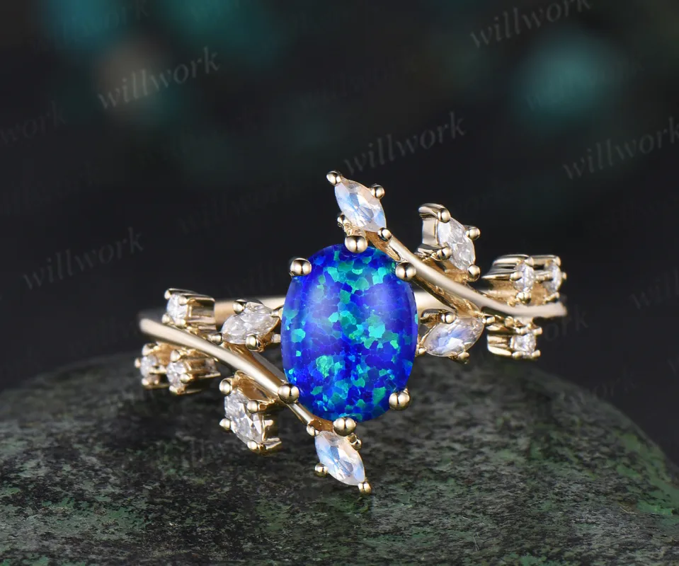 Oval blue opal engagement ring 14k yellow gold twisted cluster diamond moonstone wedding ring women jewelry sold by Willwork Jewelry