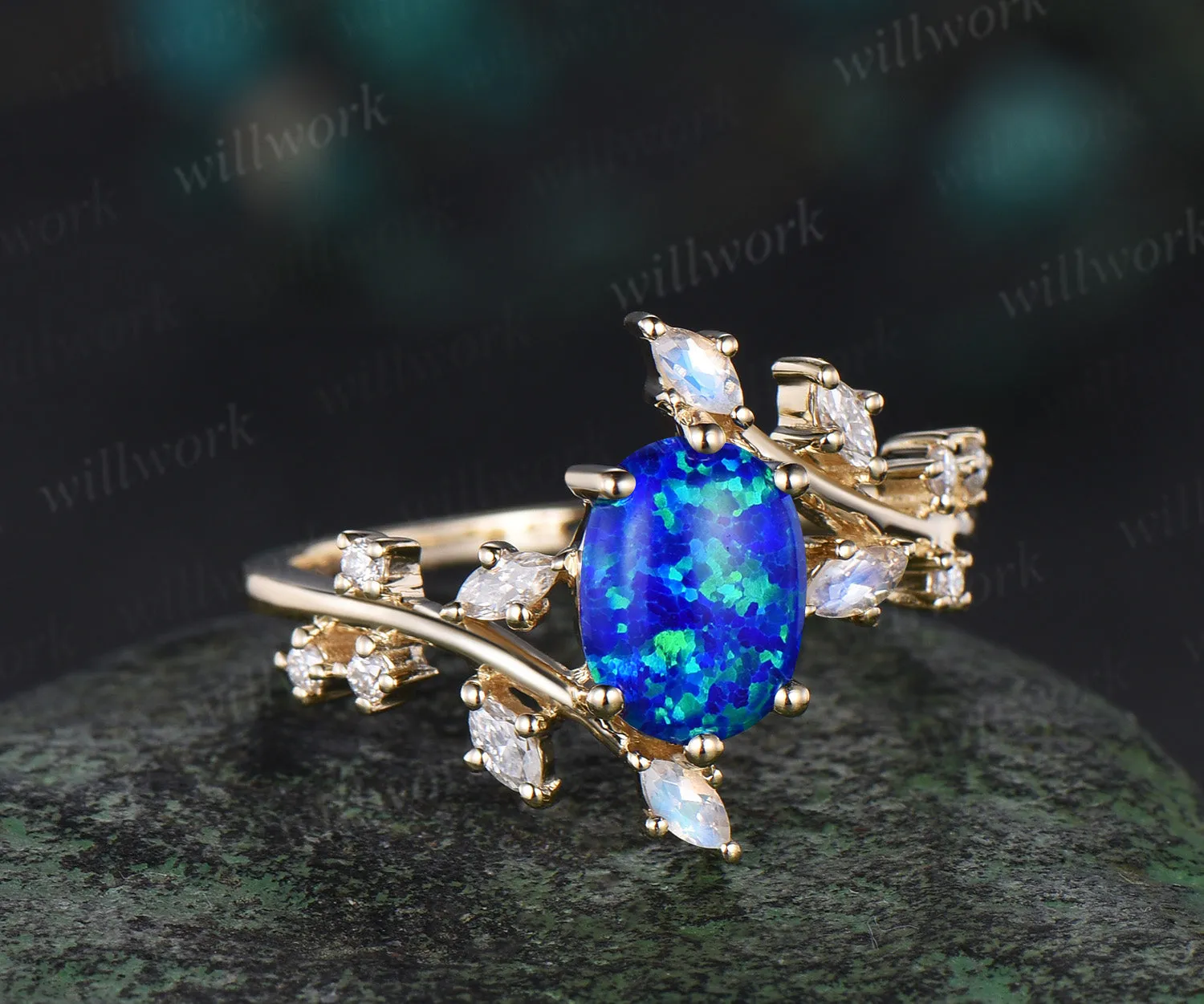 Oval blue opal engagement ring 14k yellow gold twisted cluster diamond moonstone wedding ring women jewelry sold by Willwork Jewelry product image thumbnail 2