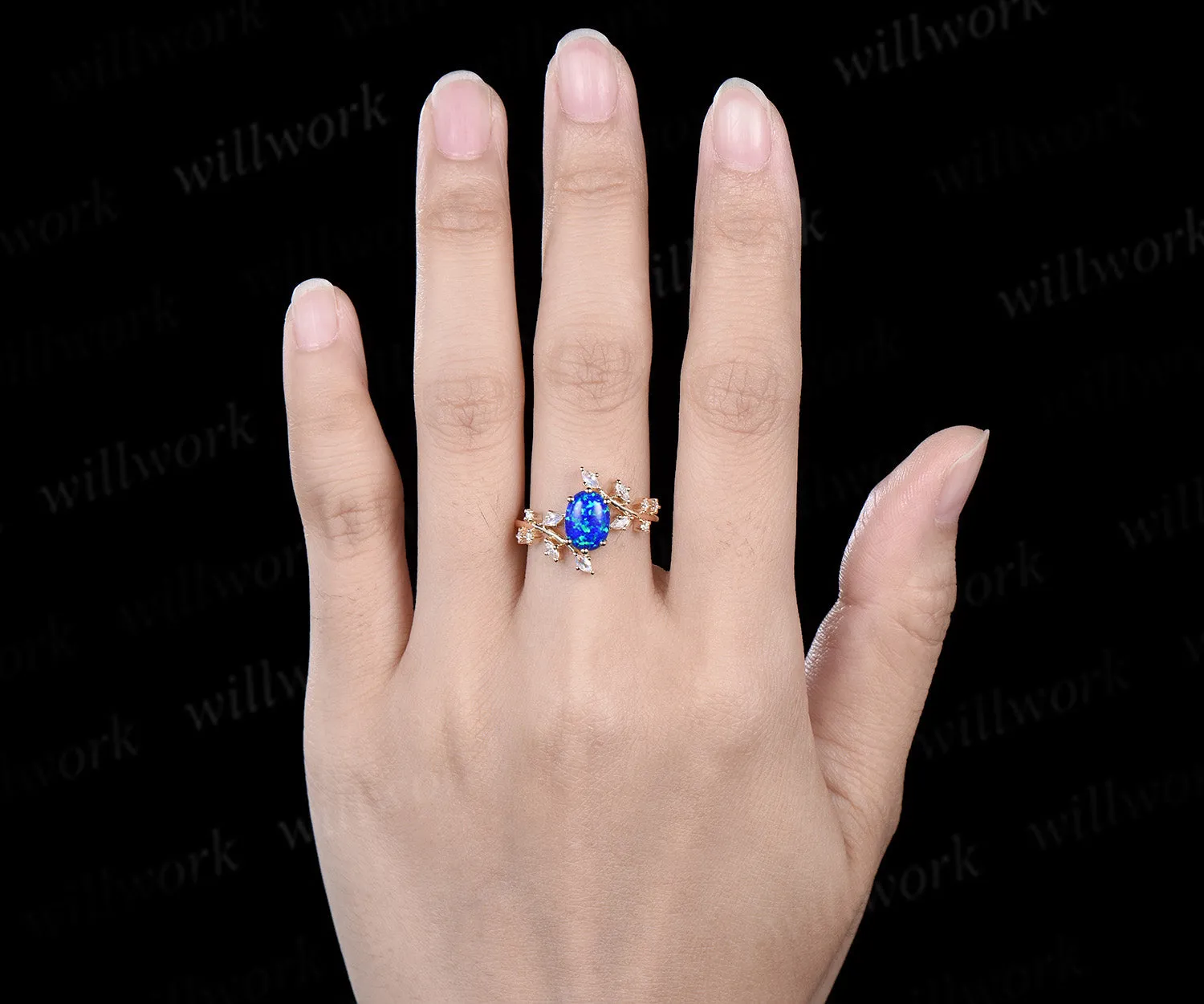 Oval blue opal engagement ring 14k yellow gold twisted cluster diamond moonstone wedding ring women jewelry sold by Willwork Jewelry product image thumbnail 3