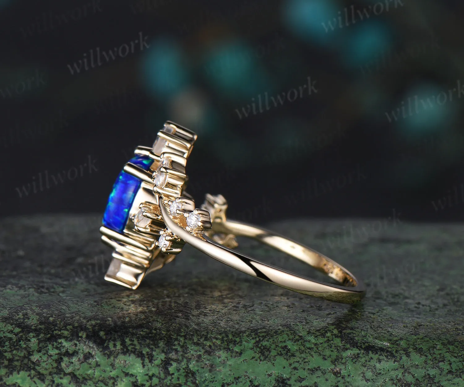 Oval blue opal engagement ring 14k yellow gold twisted cluster diamond moonstone wedding ring women jewelry sold by Willwork Jewelry product image thumbnail 4