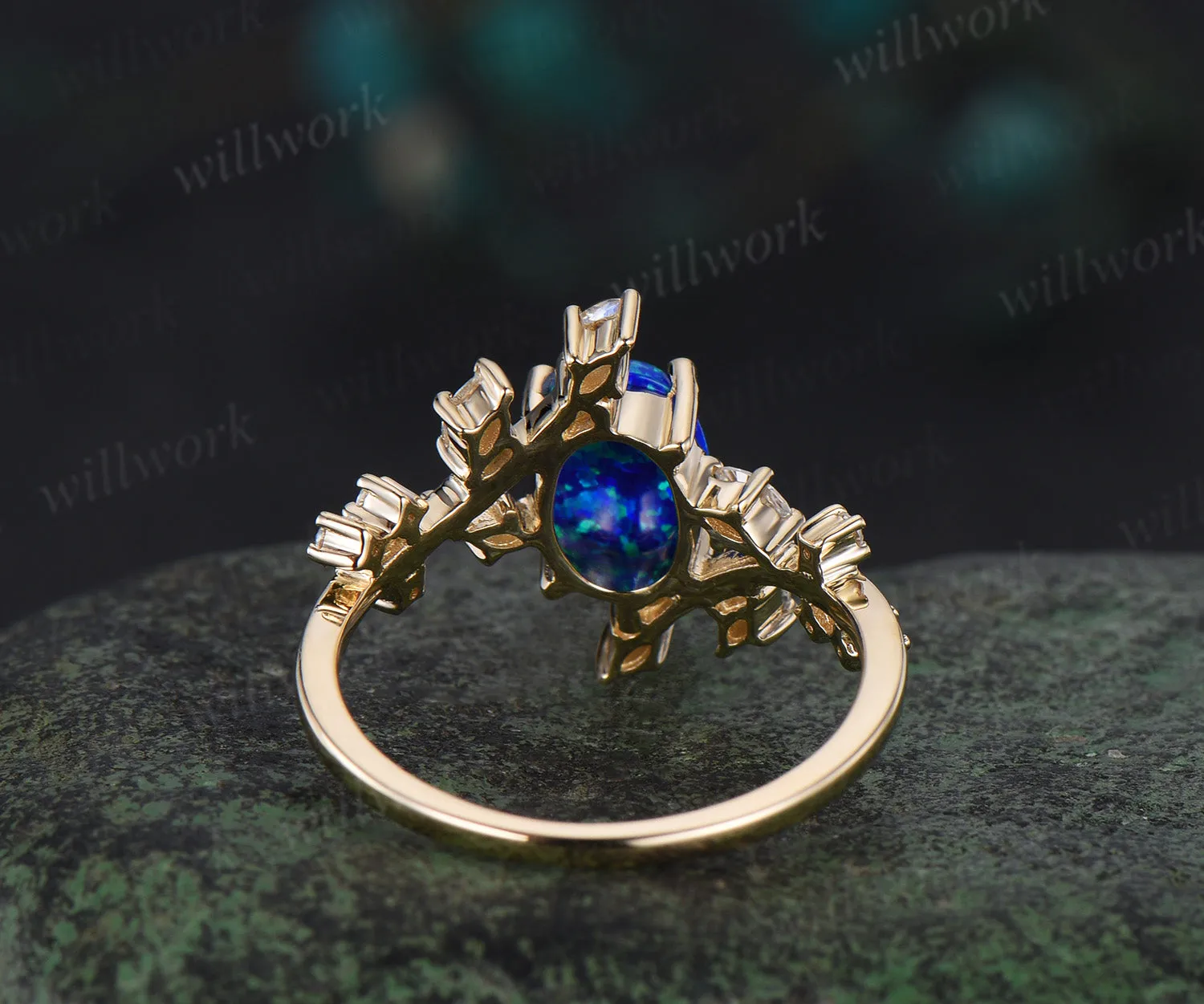 Oval blue opal engagement ring 14k yellow gold twisted cluster diamond moonstone wedding ring women jewelry sold by Willwork Jewelry product image thumbnail 5