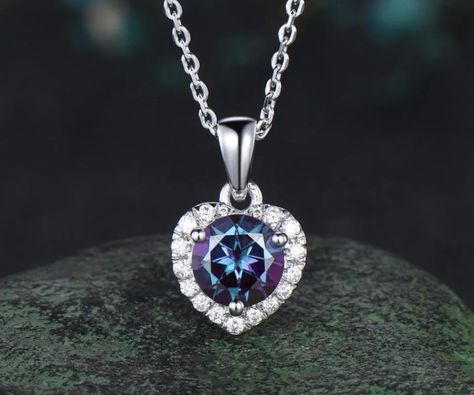 1ct round alexandrite necklace heart halo diamond pendant 14k white gold June birthstone anniversary gift sold by Willwork Jewelry