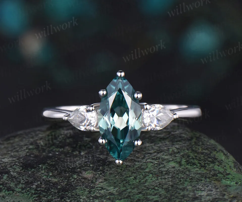 Marquise cut green sapphire ring white gold 6 prong three stone  engagement ring women Minimalist anniversary gift sold by Willwork Jewelry