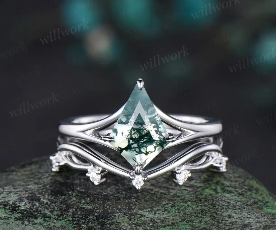 Kite cut moss agate bridal ring set white gold unique split shank engagement ring infinity wedding ring set women sold by Willwork Jewelry