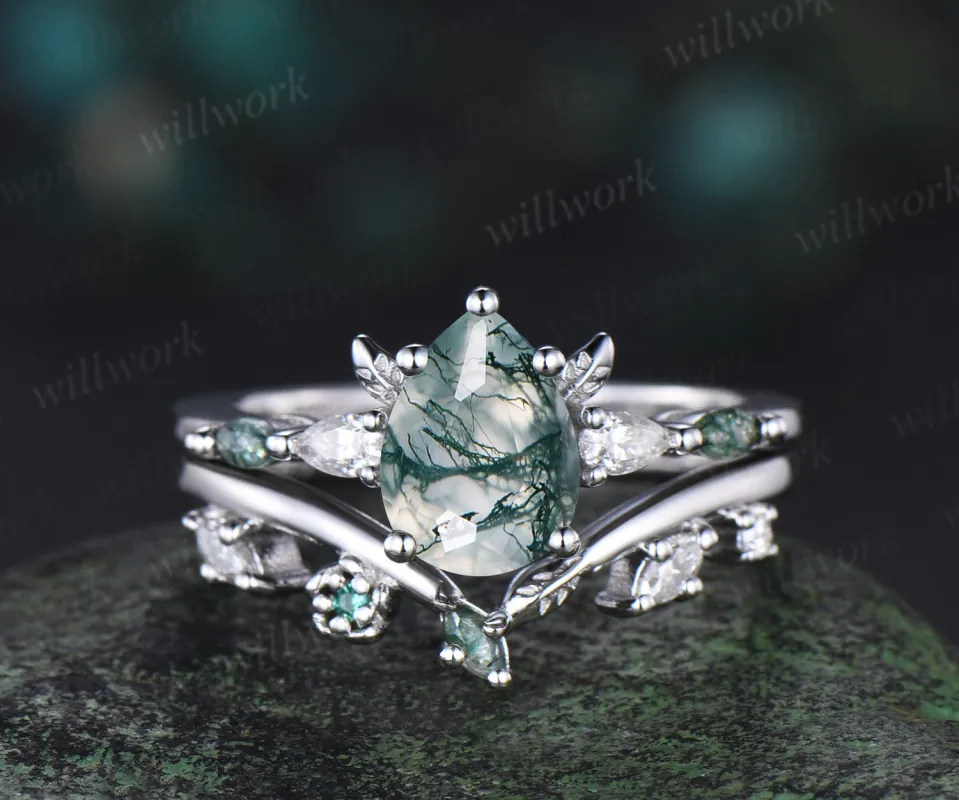 Pear moss agate ring white gold five stone leaf unique engagement ring set stacking wedding ring set women sold by Willwork Jewelry