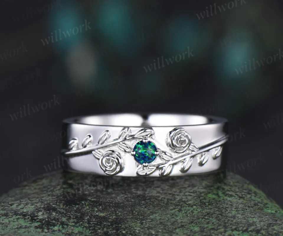 Round black opal mens wedding band solid 14k white gold leaf floral wedding ring unique anniversary ring gift nature inspired Engagement Ring sold by Willwork Jewelry