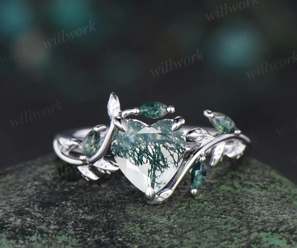 Heart cut moss agate leaf engagement ring women 14k white gold nature inspired promise wedding gift sold by Willwork Jewelry