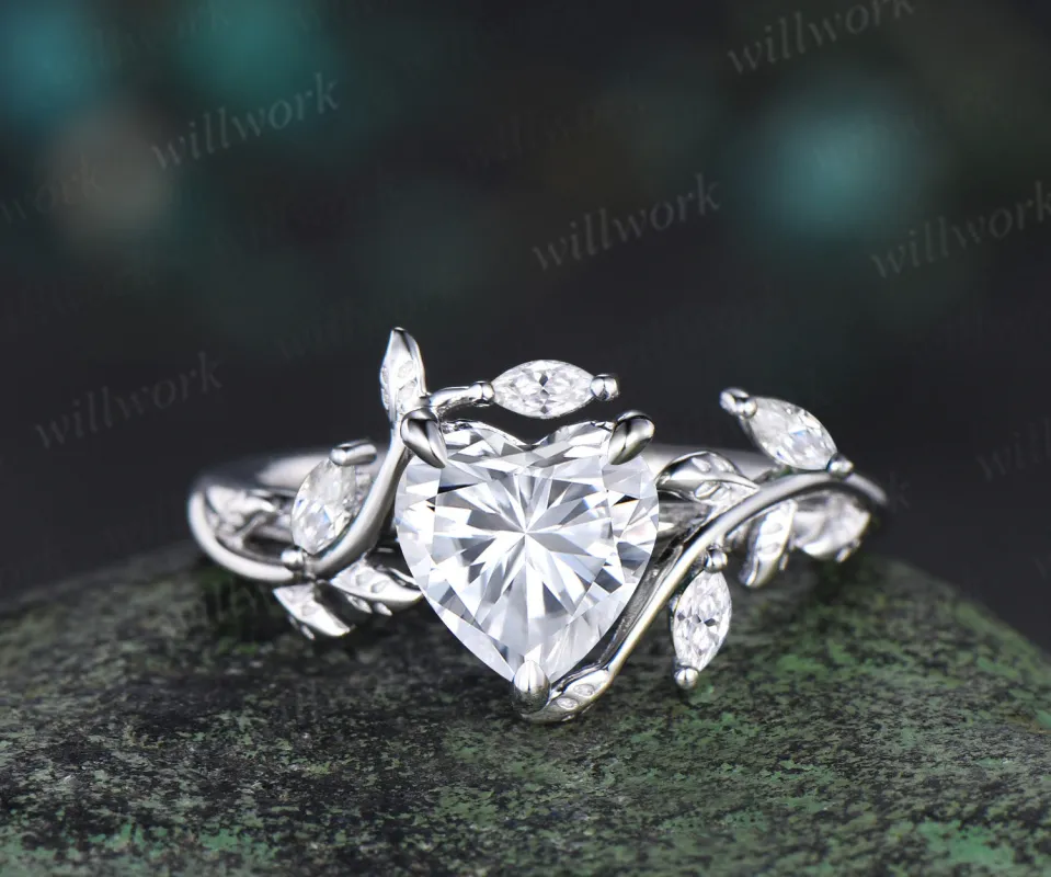 Heart shaped moissanite leaf engagement ring women 14k white gold nature inspired diamond promise wedding ring gift sold by Willwork Jewelry