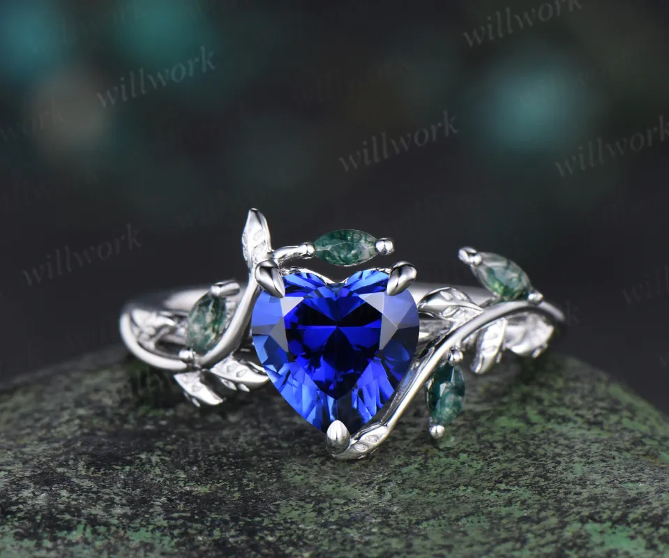 Heart shaped sapphire moss agate leaf engagement ring women 14k white gold nature inspired promise anniversary gift made by Willwork Jewelry