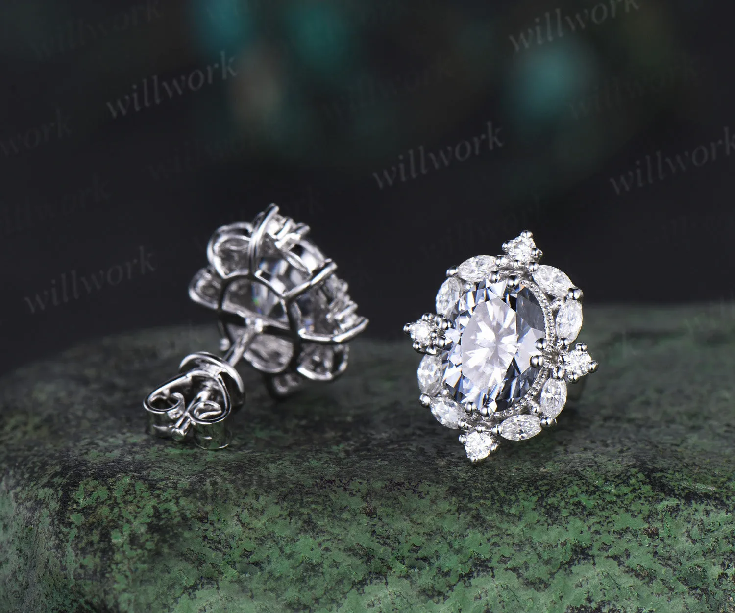 Oval cut gray moissanite earrings 14k white gold halo marquise diamond drop earrings women anniversary gift for wife sold by Willwork Jewelry product image thumbnail 4