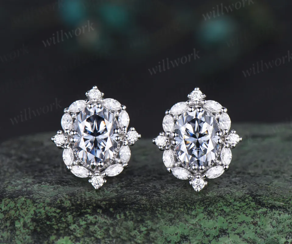 Oval cut gray moissanite earrings 14k white gold halo marquise diamond drop earrings women anniversary gift for wife made by Willwork Jewelry