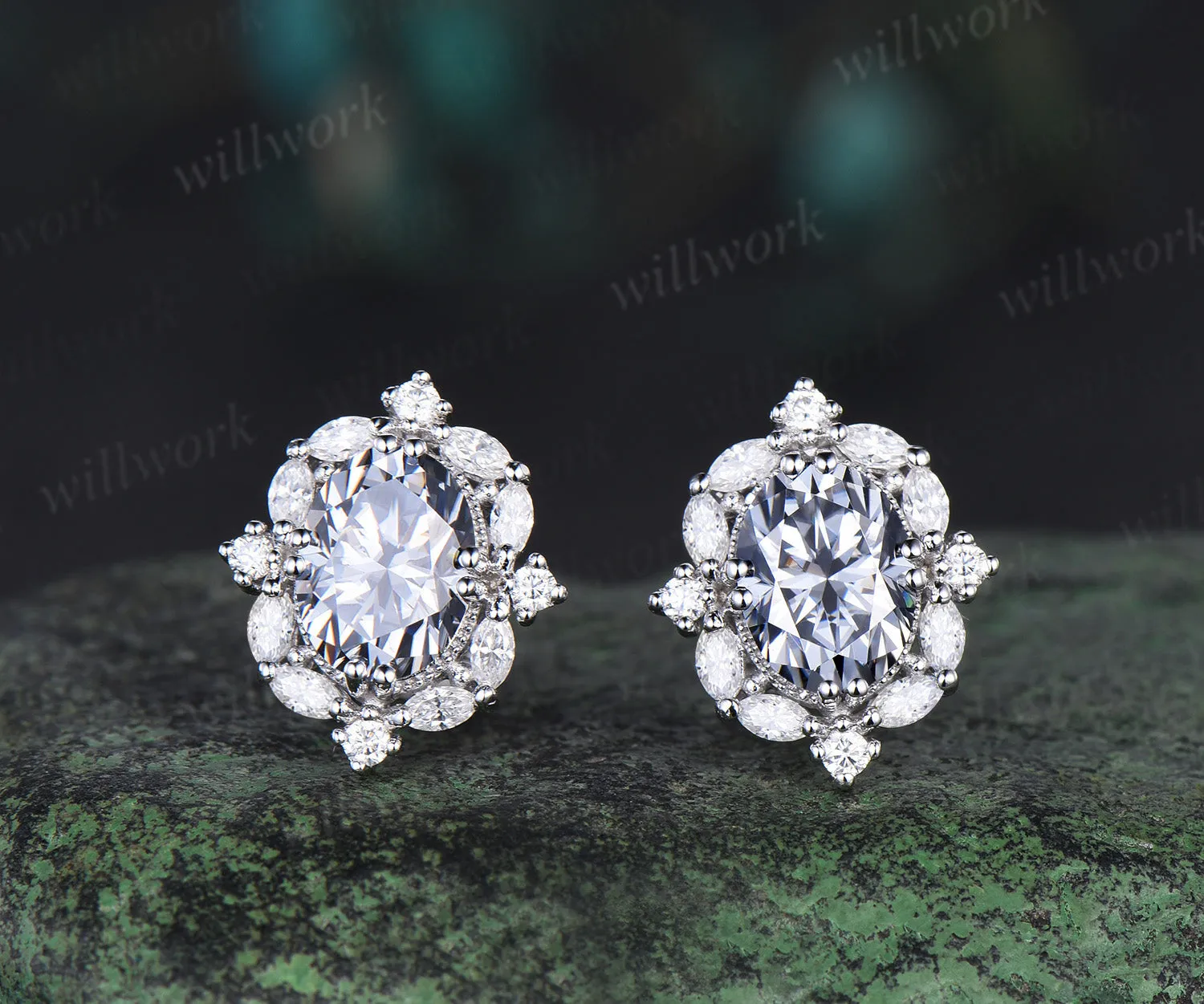Oval cut gray moissanite earrings 14k white gold halo marquise diamond drop earrings women anniversary gift for wife sold by Willwork Jewelry product image thumbnail 2