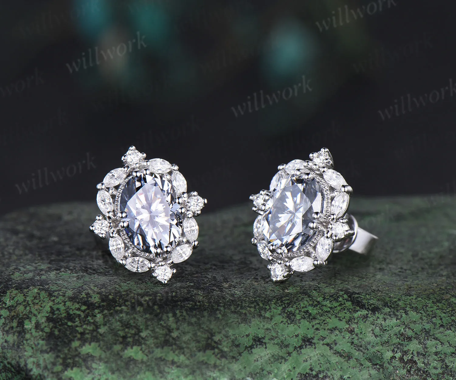 Oval cut gray moissanite earrings 14k white gold halo marquise diamond drop earrings women anniversary gift for wife sold by Willwork Jewelry product image thumbnail 3