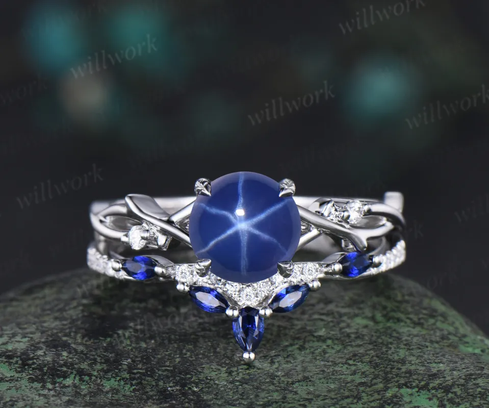 7mm Round Star Sapphire Engagement Ring Set Nature Inspired Branch Twig blue sapphire Wedding Set Unique Leaf anniversary promise ring sold by Willwork Jewelry