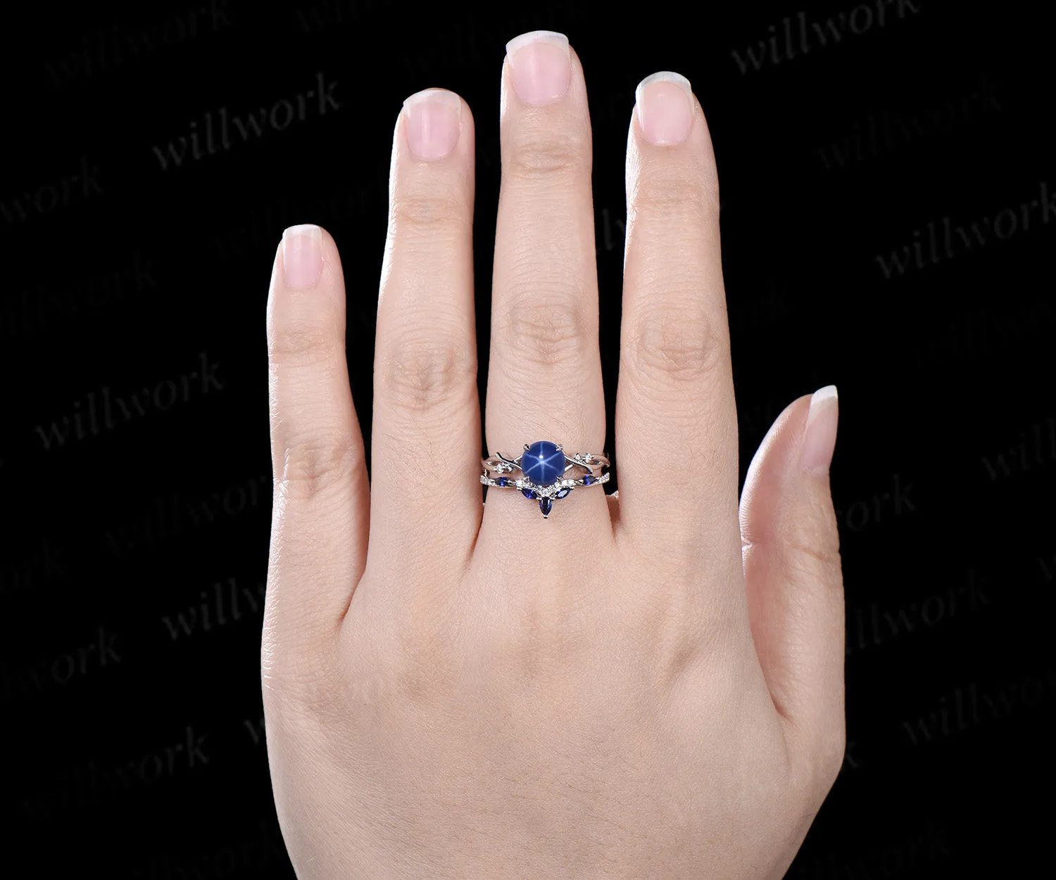 7mm Round Star Sapphire Engagement Ring Set Nature Inspired Branch Twig blue sapphire Wedding Set Unique Leaf anniversary promise ring sold by Willwork Jewelry product image thumbnail 3