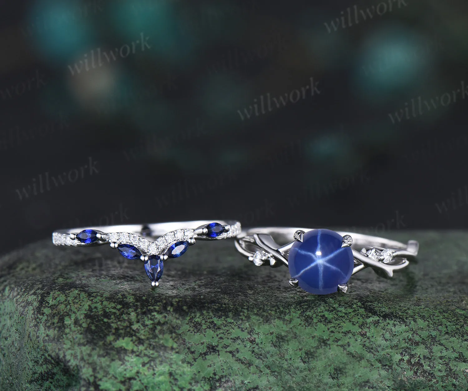 7mm Round Star Sapphire Engagement Ring Set Nature Inspired Branch Twig blue sapphire Wedding Set Unique Leaf anniversary promise ring sold by Willwork Jewelry product image thumbnail 2
