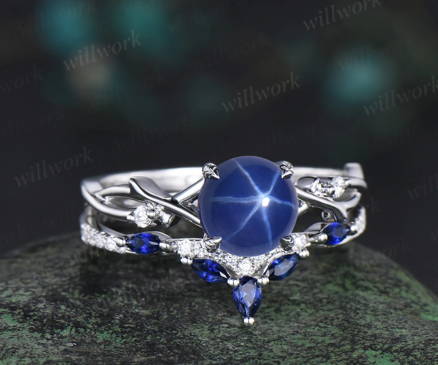 7mm Round Star Sapphire Engagement Ring Set Nature Inspired Branch Twig blue sapphire Wedding Set Unique Leaf anniversary promise ring sold by Willwork Jewelry product image thumbnail 4