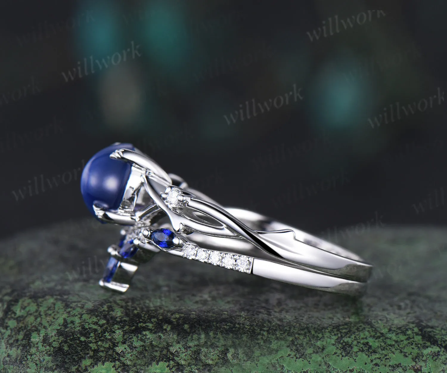 7mm Round Star Sapphire Engagement Ring Set Nature Inspired Branch Twig blue sapphire Wedding Set Unique Leaf anniversary promise ring sold by Willwork Jewelry product image thumbnail 5