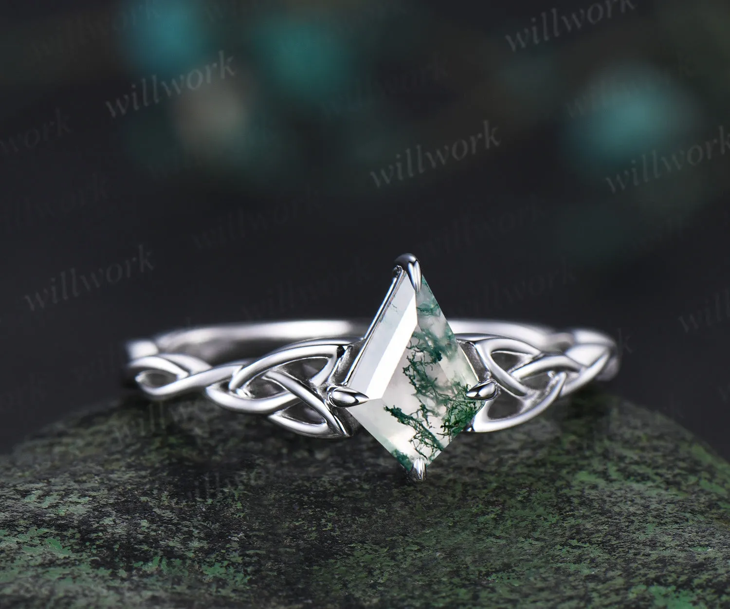 kite cut natural moss agate Celtic knot Solitaire engagement ring white gold Norse Viking Jewelry women anniversary gifts sold by Willwork Jewelry product image thumbnail 2