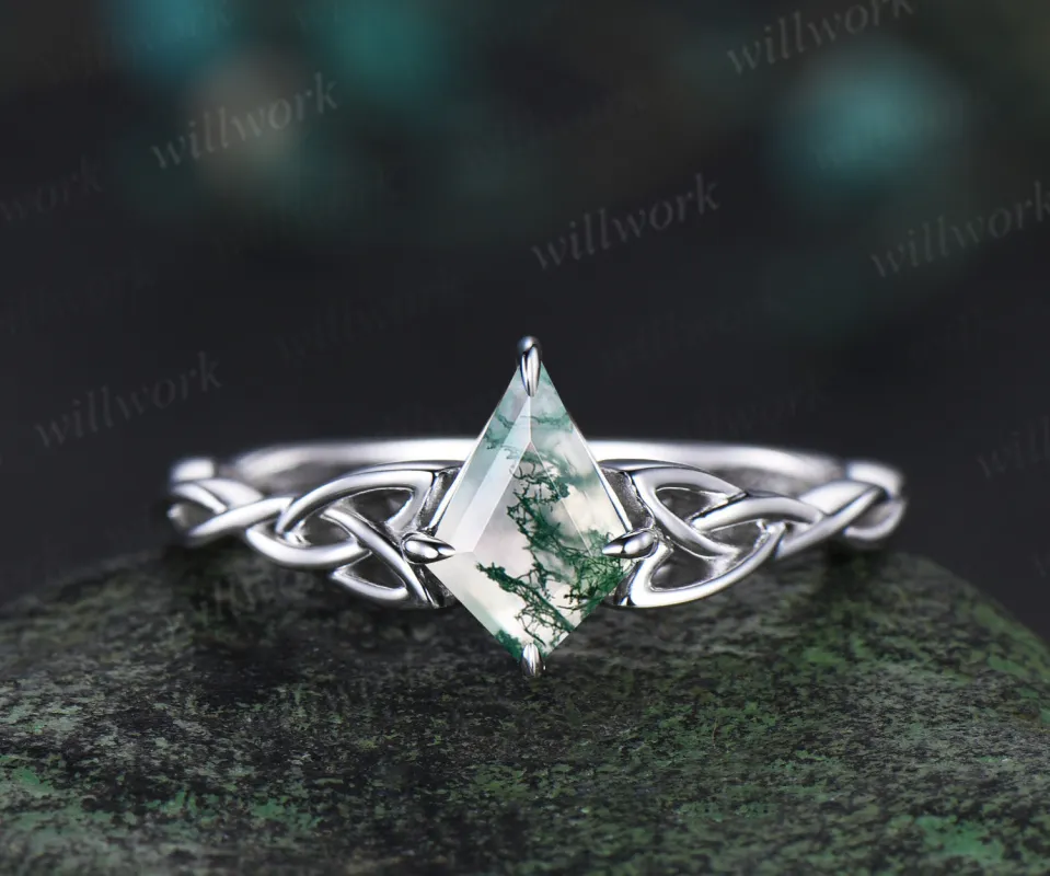 kite cut natural moss agate Celtic knot Solitaire engagement ring white gold Norse Viking Jewelry women anniversary gifts sold by Willwork Jewelry