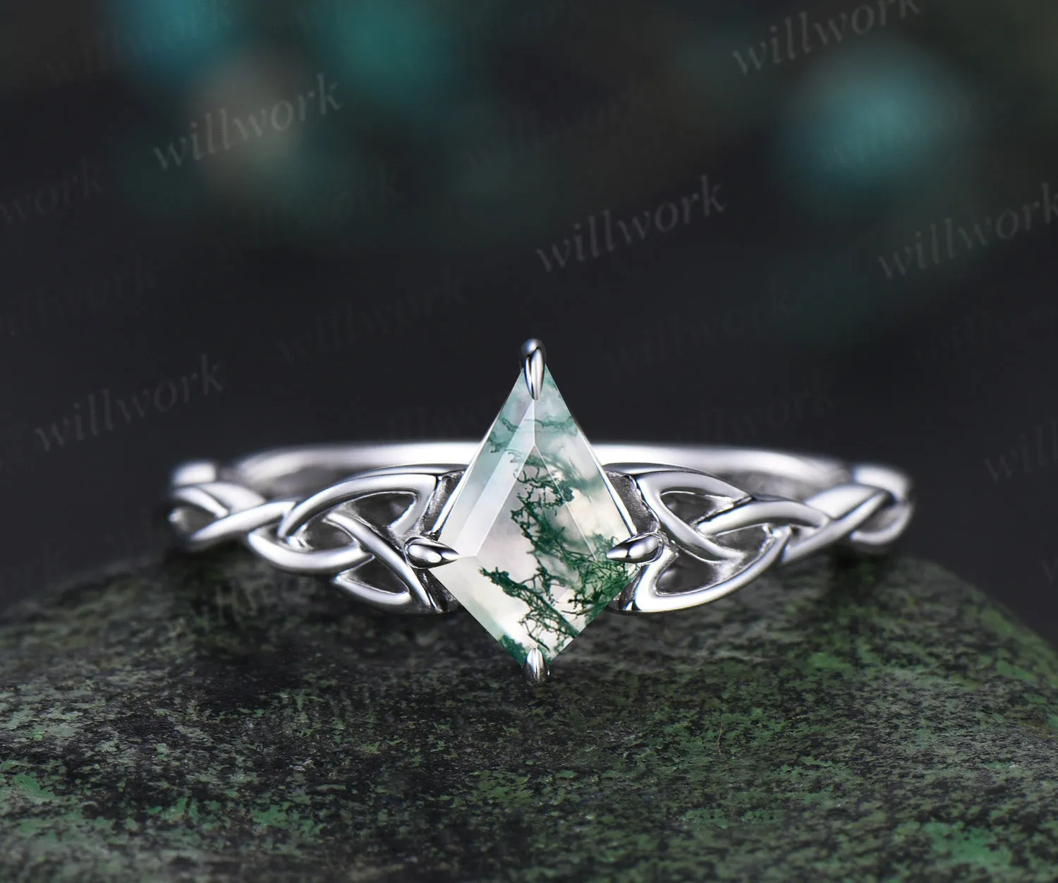kite cut natural moss agate Celtic knot Solitaire engagement ring white gold Norse Viking Jewelry women anniversary gifts sold by Willwork Jewelry