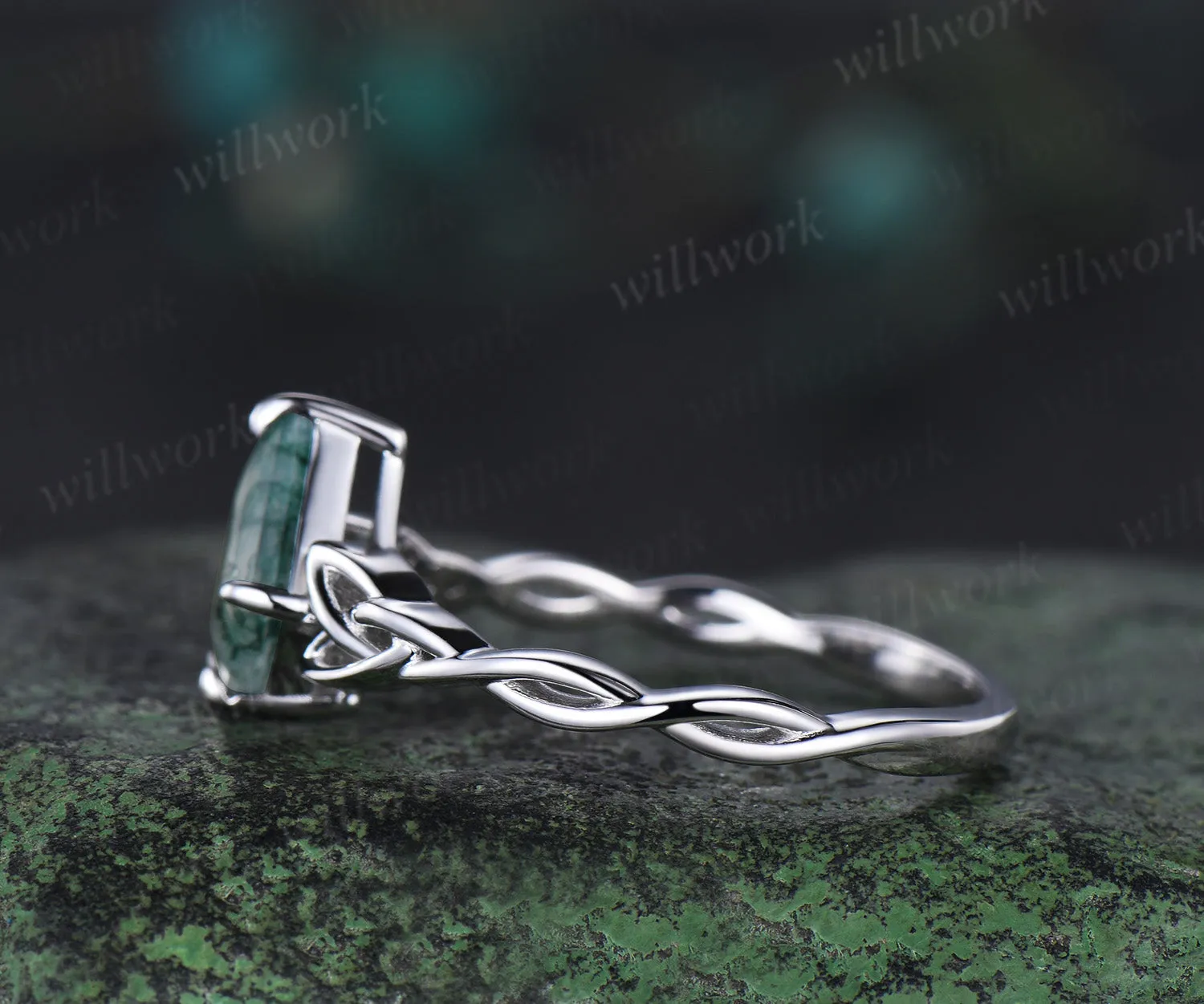 kite cut natural moss agate Celtic knot Solitaire engagement ring white gold Norse Viking Jewelry women anniversary gifts sold by Willwork Jewelry product image thumbnail 4