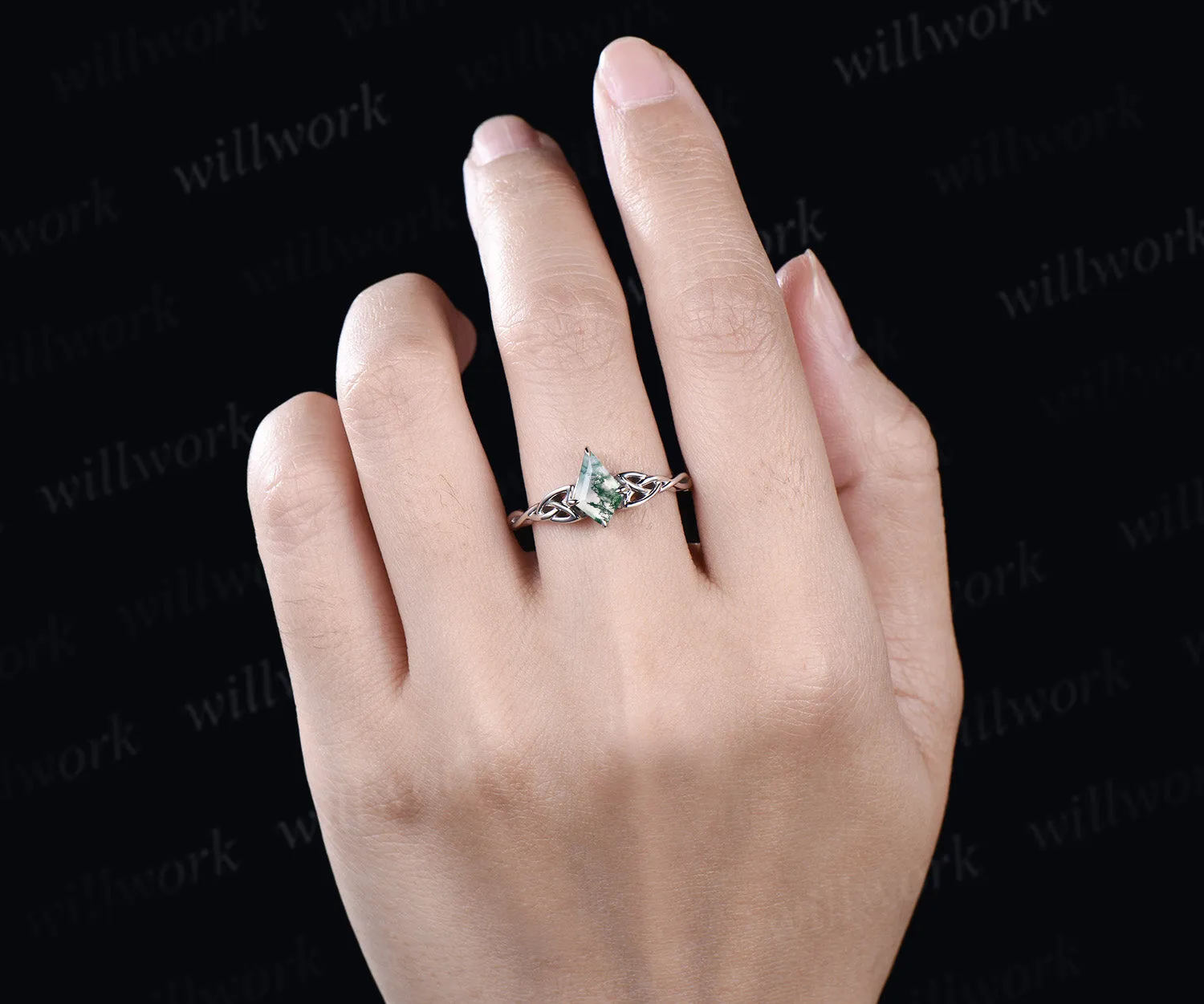 kite cut natural moss agate Celtic knot Solitaire engagement ring white gold Norse Viking Jewelry women anniversary gifts sold by Willwork Jewelry product image thumbnail 3