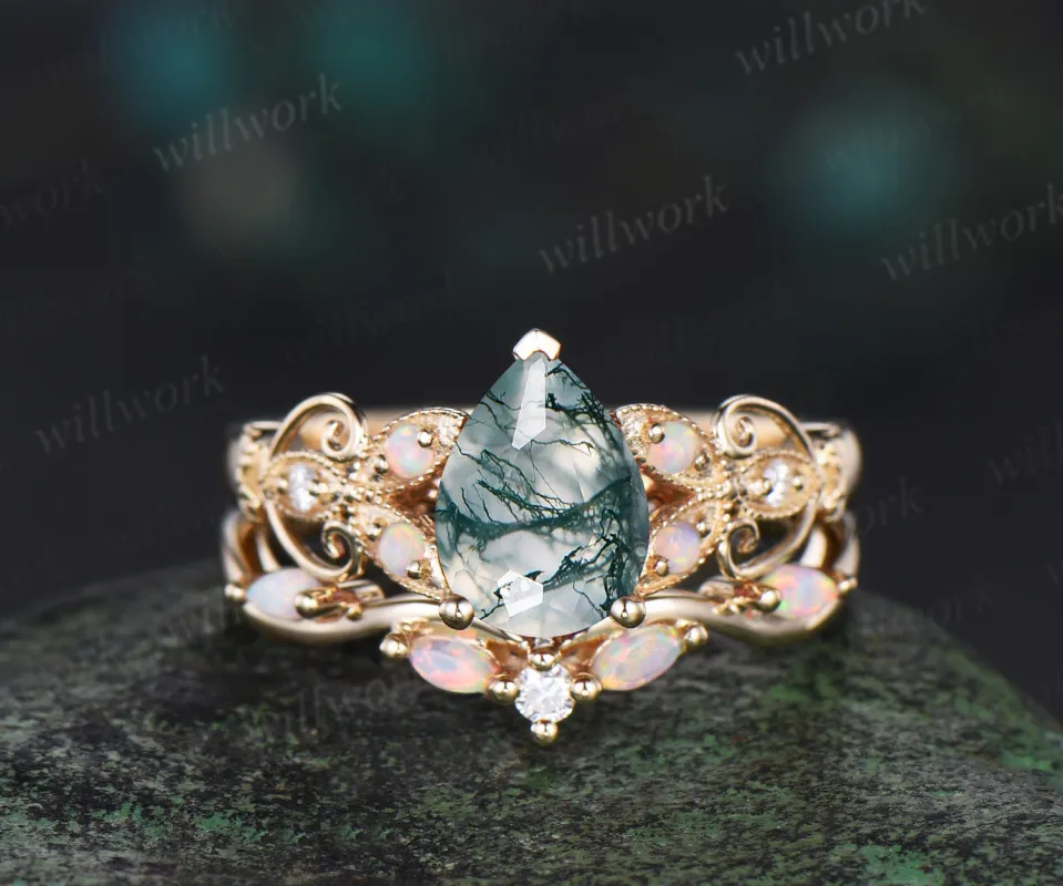 Pear shaped green moss agate ring 14k yellow gold opal butterfly Milgrain engagement ring set women art deco unique wedding ring set sold by Willwork Jewelry