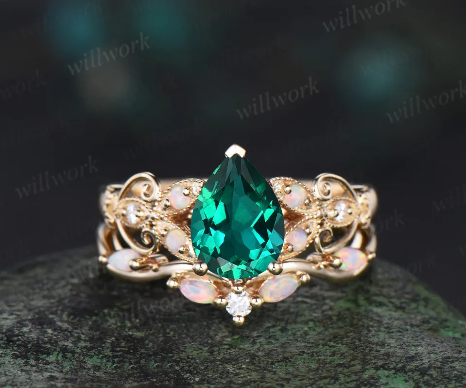 Pear shaped green emerald ring 14k yellow gold opal butterfly Milgrain engagement ring set women art deco unique wedding ring set sold by Willwork Jewelry