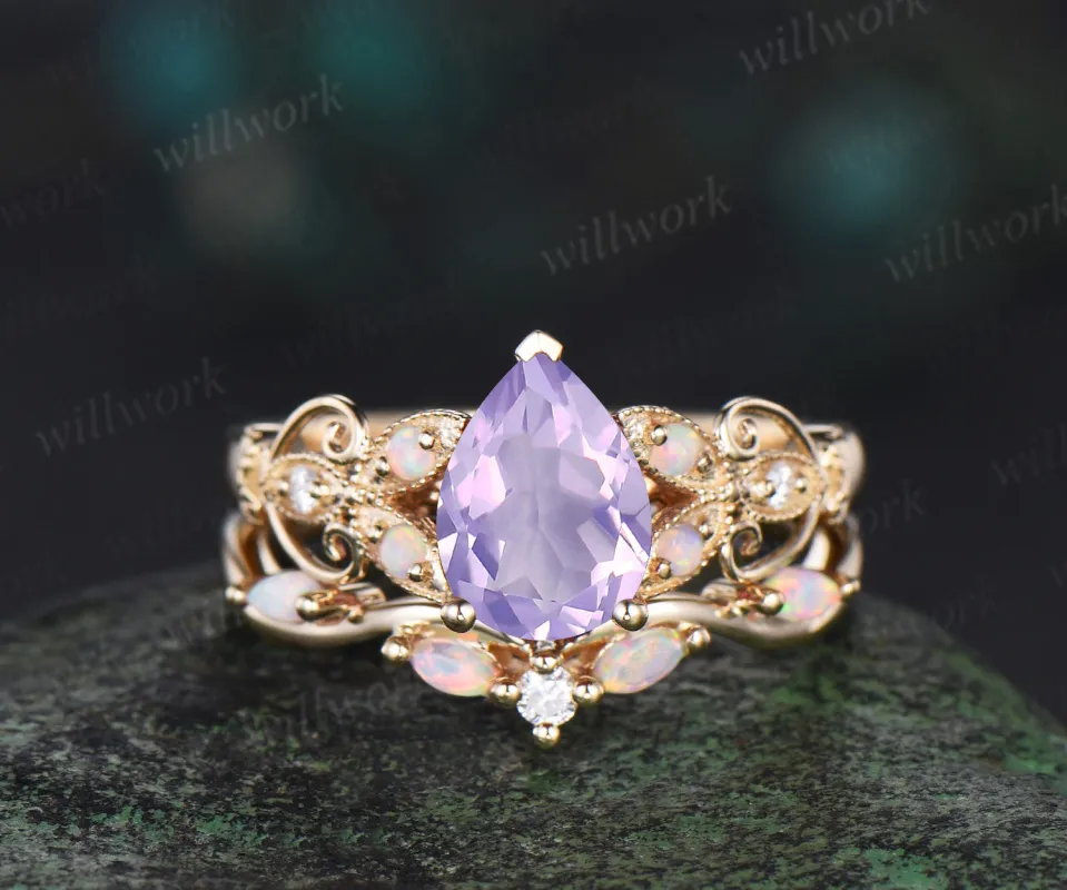 Vintage pear Lavender Amethyst engagement ring set yellow gold butterfly Milgrain opal ring women stacking anniversary ring set gift sold by Willwork Jewelry