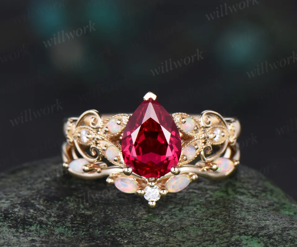 Vintage pear cut red ruby engagement ring set yellow gold butterfly Milgrain opal ring women stacking anniversary ring set gift sold by Willwork Jewelry