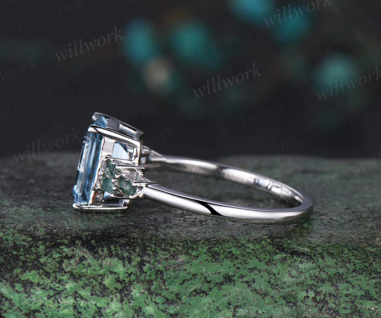 Unique 4CT Emerald Cut Aquamarine Engagement Ring Retro Cluster Baguette Moss Agate white gold Wedding Ring Vintage Anniversary Gift Women sold by Willwork Jewelry product image thumbnail 4