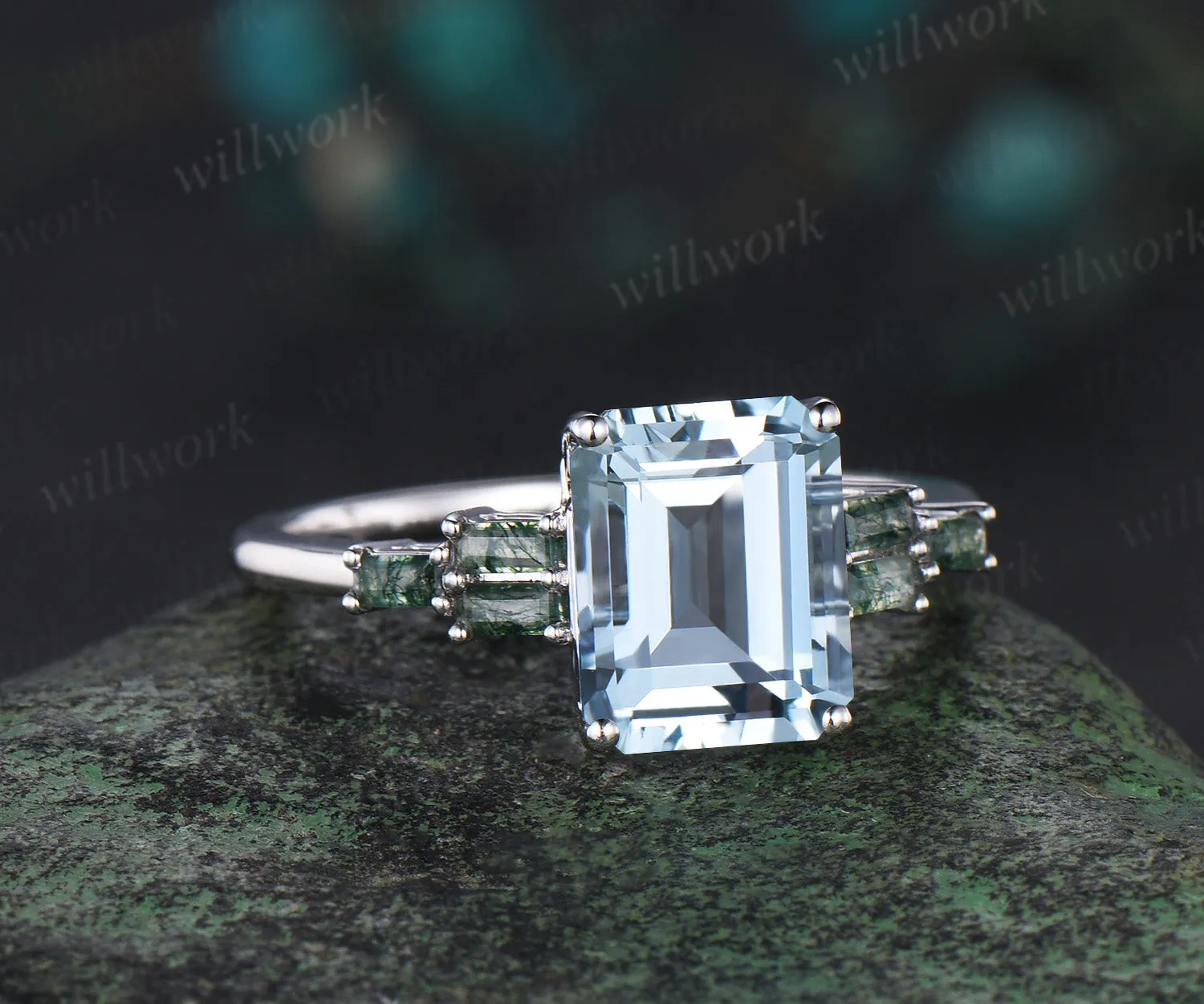 Unique 4CT Emerald Cut Aquamarine Engagement Ring Retro Cluster Baguette Moss Agate white gold Wedding Ring Vintage Anniversary Gift Women sold by Willwork Jewelry product image thumbnail 2