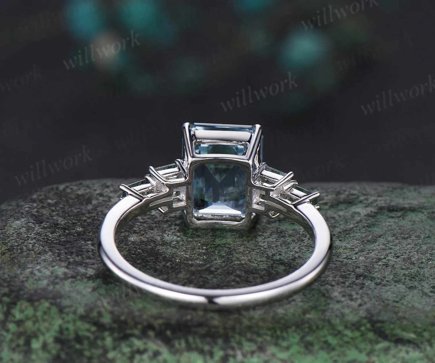 Unique 4CT Emerald Cut Aquamarine Engagement Ring Retro Cluster Baguette Moss Agate white gold Wedding Ring Vintage Anniversary Gift Women sold by Willwork Jewelry product image thumbnail 5