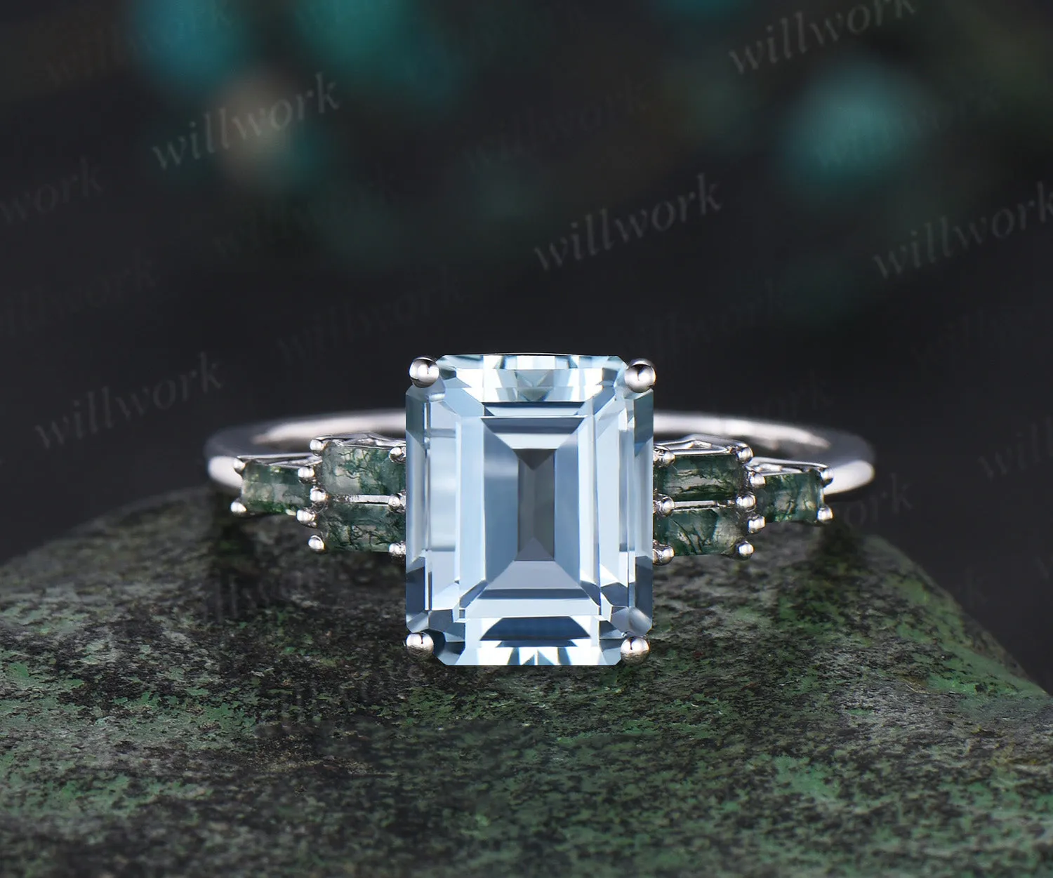 Unique 4CT Emerald Cut Aquamarine Engagement Ring Retro Cluster Baguette Moss Agate white gold Wedding Ring Vintage Anniversary Gift Women sold by Willwork Jewelry
