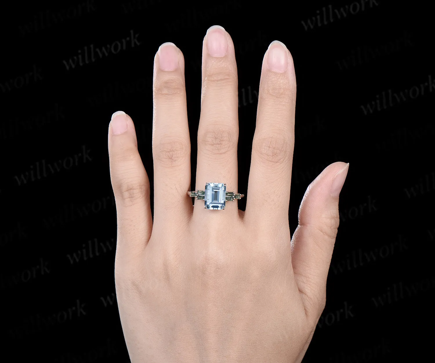 Unique 4CT Emerald Cut Aquamarine Engagement Ring Retro Cluster Baguette Moss Agate white gold Wedding Ring Vintage Anniversary Gift Women sold by Willwork Jewelry product image thumbnail 3