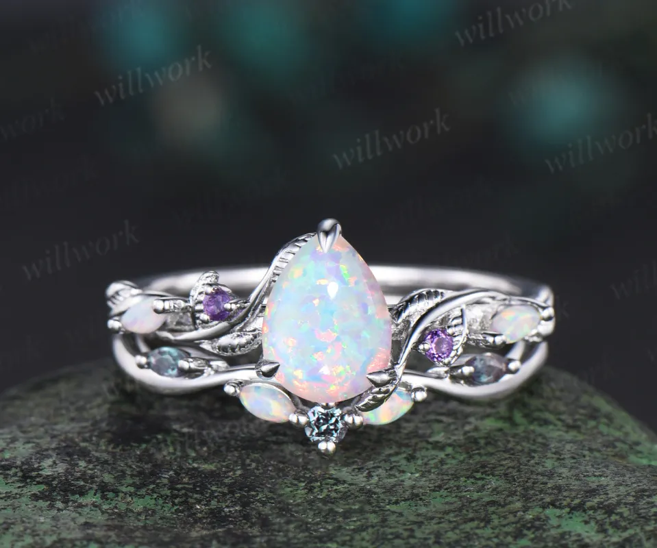 Nature Inspired opal Bridal Set 14k white gold Unique Twig Vine Teardrop opal Engagement Ring Ring Set ameethyst ring owmen sold by Willwork Jewelry